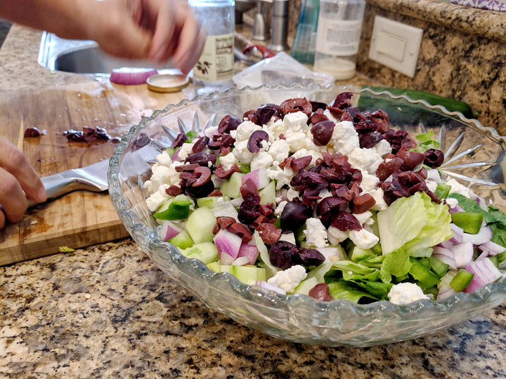 Greek salad in a glass bowl