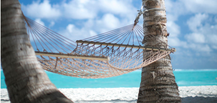 Hammock on the beach between two palm trees