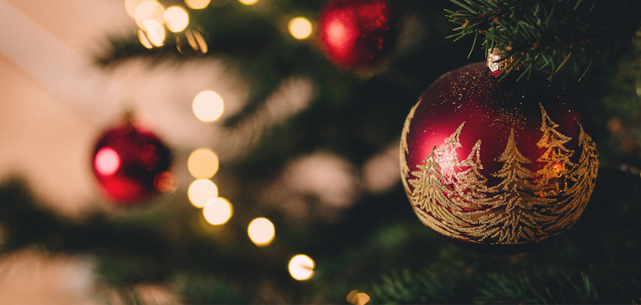 Red ornament on a Christmas tree